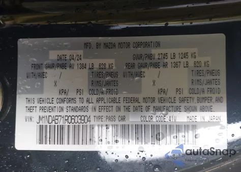 2024 Mazda Mx-5 Miata Sport из США, поврежденный, VIN JM1NDAB71R0603904